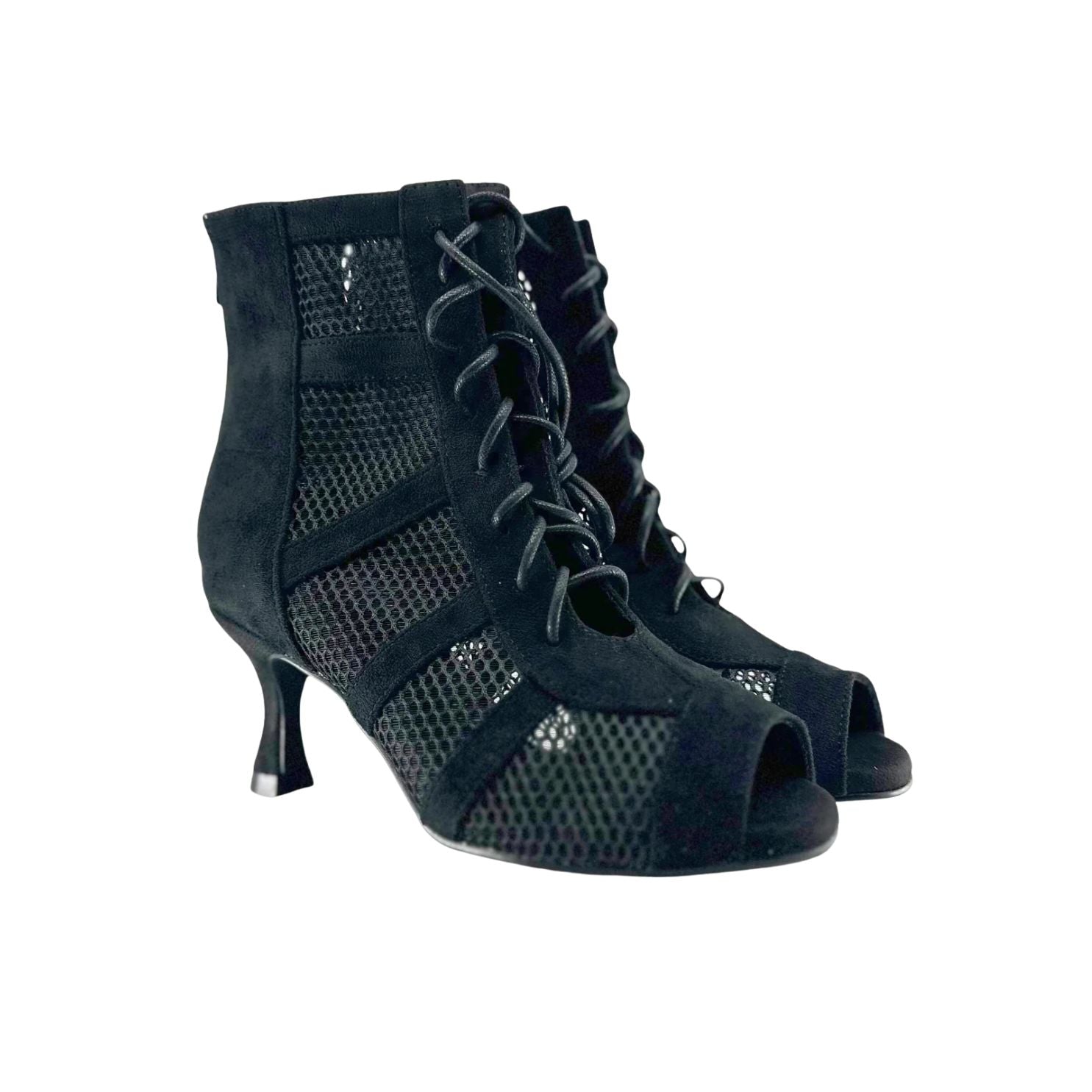 Aurora Dance Boot in black suede and mesh with a 2.5 inch flared heel